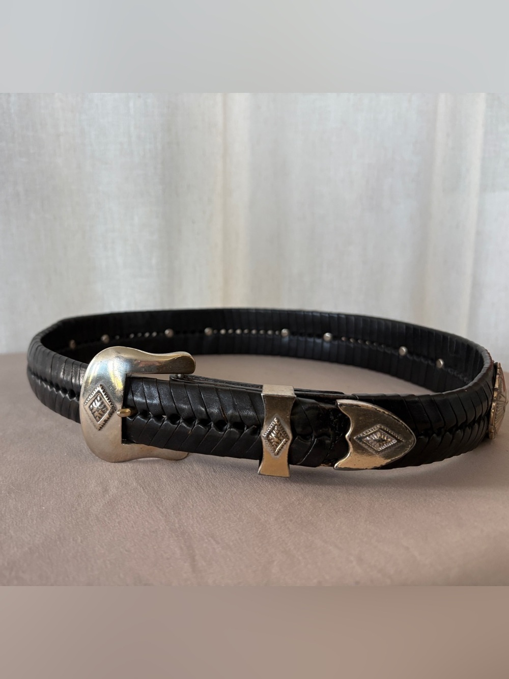 Vintage Brighton Black Leather Concho Belt Sz 30